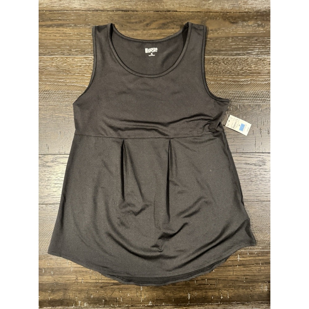 Lands End Sport Womens Pleated Tank Top NWT Black Activewear Scoop Neck M